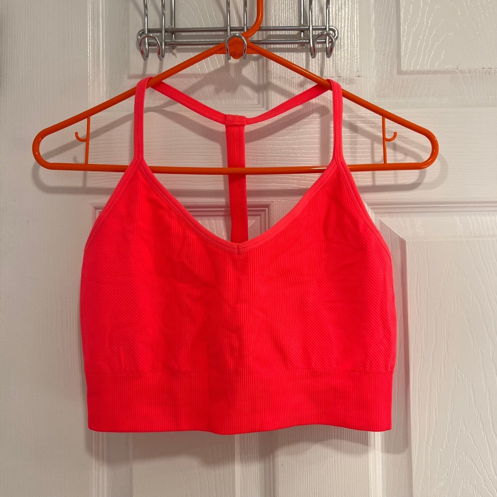 Yogalicious Rib Seamless Tea-Time Bra Neon Pink T-Back Racerback Sports Bra L‎